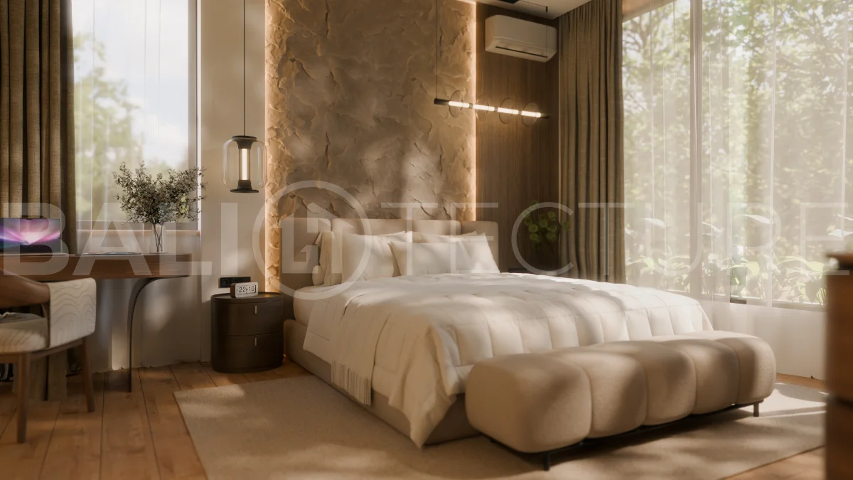 Two bedroom luxury off plan villa near Melasti Beach, Ungasan, featuring Japandi design, double height living room, private swimming pool, tropical garden atrium, ocean view rooftop terrace, and modern indoor outdoor living spaces.