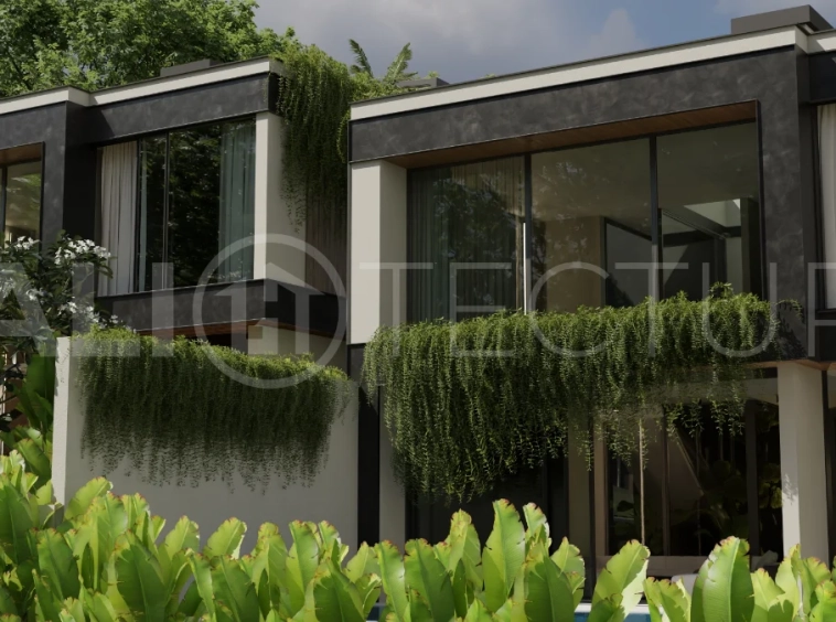 Two bedroom luxury off plan villa near Melasti Beach, Ungasan, featuring Japandi design, double height living room, private swimming pool, tropical garden atrium, ocean view rooftop terrace, and modern indoor outdoor living spaces.