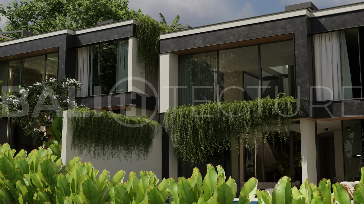Two bedroom luxury off plan villa near Melasti Beach, Ungasan, featuring Japandi design, double height living room, private swimming pool, tropical garden atrium, ocean view rooftop terrace, and modern indoor outdoor living spaces.