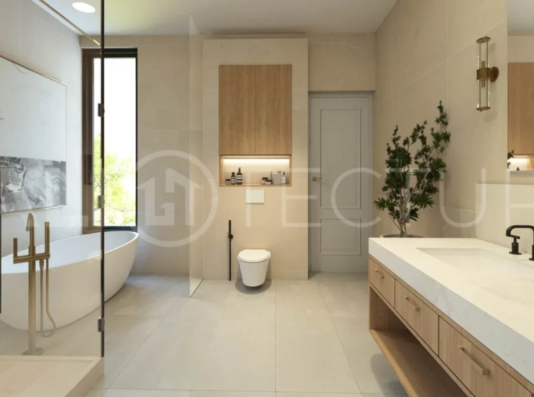 Off Plan Luxury 5 Bedroom Villa for Sale in Babakan Canggu featuring Mediterranean inspired architecture, five ensuite bedrooms, a gourmet kitchen, spacious open plan living areas, a resort style swimming pool, home office, flexible cinema or children's playroom, private sauna, ice bath, staff quarters, and a two car garage. Set on 800 sqm of land with a 910 sqm building area, offered with a 29 year leasehold plus a guaranteed 30 year extension.