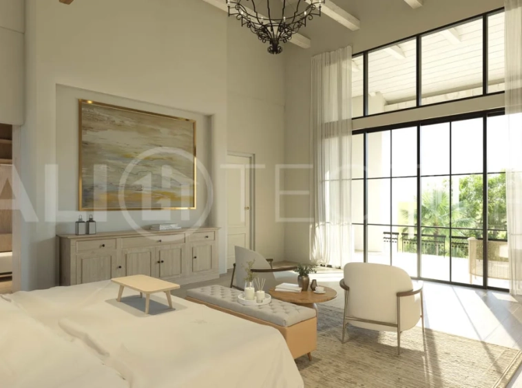 Off Plan Luxury 5 Bedroom Villa for Sale in Babakan Canggu featuring Mediterranean inspired architecture, five ensuite bedrooms, a gourmet kitchen, spacious open plan living areas, a resort style swimming pool, home office, flexible cinema or children's playroom, private sauna, ice bath, staff quarters, and a two car garage. Set on 800 sqm of land with a 910 sqm building area, offered with a 29 year leasehold plus a guaranteed 30 year extension.
