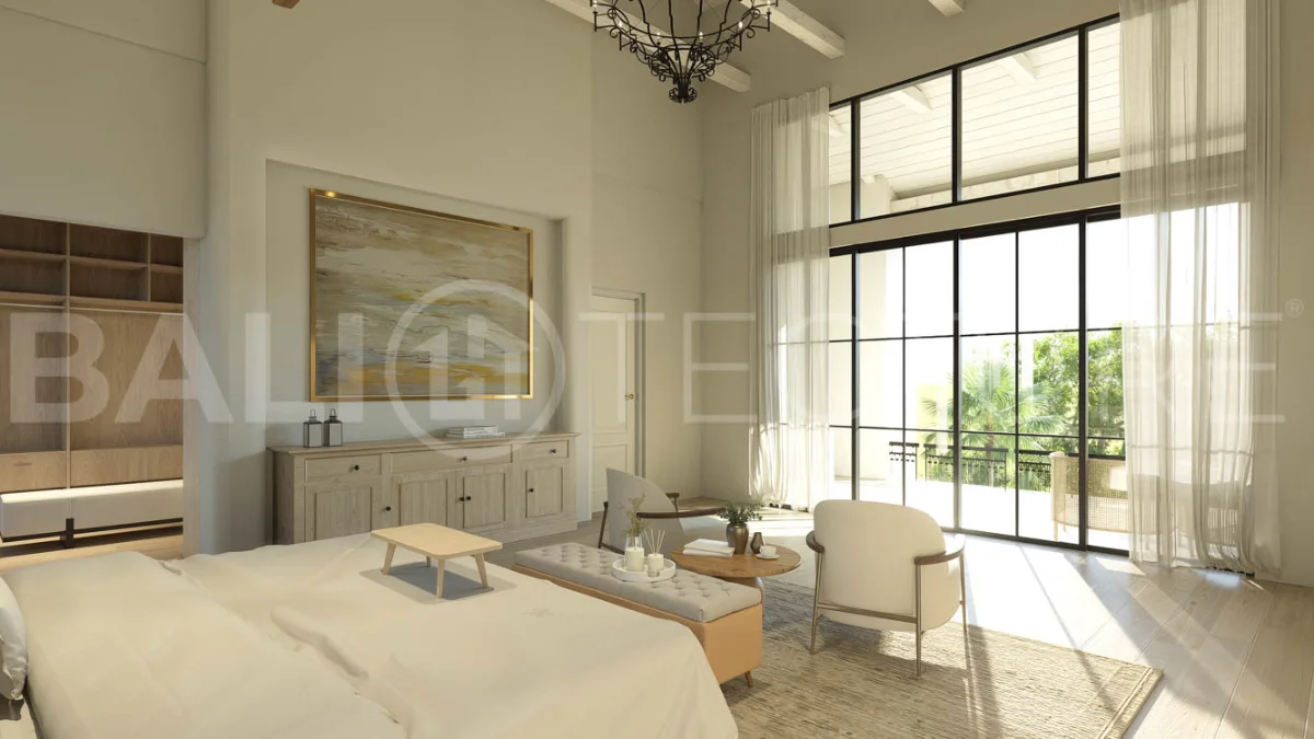 Off Plan Luxury 5 Bedroom Villa for Sale in Babakan Canggu featuring Mediterranean inspired architecture, five ensuite bedrooms, a gourmet kitchen, spacious open plan living areas, a resort style swimming pool, home office, flexible cinema or children's playroom, private sauna, ice bath, staff quarters, and a two car garage. Set on 800 sqm of land with a 910 sqm building area, offered with a 29 year leasehold plus a guaranteed 30 year extension.
