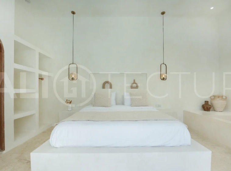 Newly built modern minimalist 2-bedroom villa in Padonan, Canggu, featuring a private swimming pool, tropical landscaping, enclosed living areas, and a contemporary tropical design.