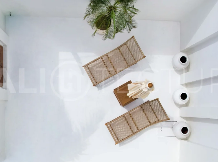 Newly built modern minimalist 2-bedroom villa in Padonan, Canggu, featuring a private swimming pool, tropical landscaping, enclosed living areas, and a contemporary tropical design.