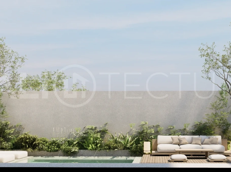 Modern villa development for sale between Ungasan and Pecatu, Uluwatu, featuring contemporary architecture, 166 m² land plots, 112 m² built areas, and a private pool, close to restaurants, beaches, wellness centers, and lifestyle amenities.