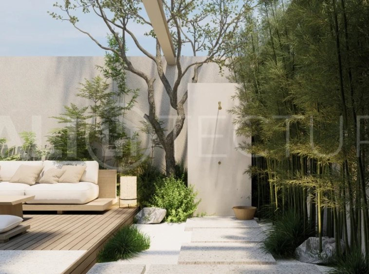 Modern villa development for sale between Ungasan and Pecatu, Uluwatu, featuring contemporary architecture, 166 m² land plots, 112 m² built areas, and a private pool, close to restaurants, beaches, wellness centers, and lifestyle amenities.