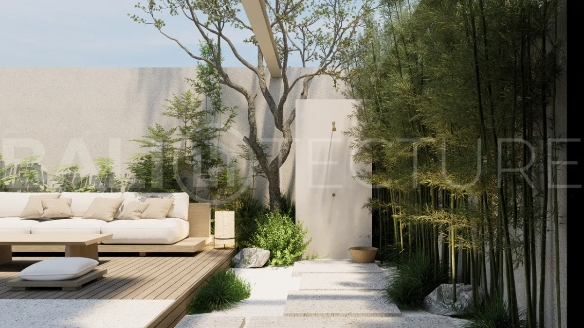 Modern villa development for sale between Ungasan and Pecatu, Uluwatu, featuring contemporary architecture, 166 m² land plots, 112 m² built areas, and a private pool, close to restaurants, beaches, wellness centers, and lifestyle amenities.