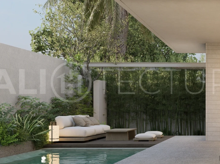 Modern villa development for sale between Ungasan and Pecatu, Uluwatu, featuring contemporary architecture, 166 m² land plots, 112 m² built areas, and a private pool, close to restaurants, beaches, wellness centers, and lifestyle amenities.