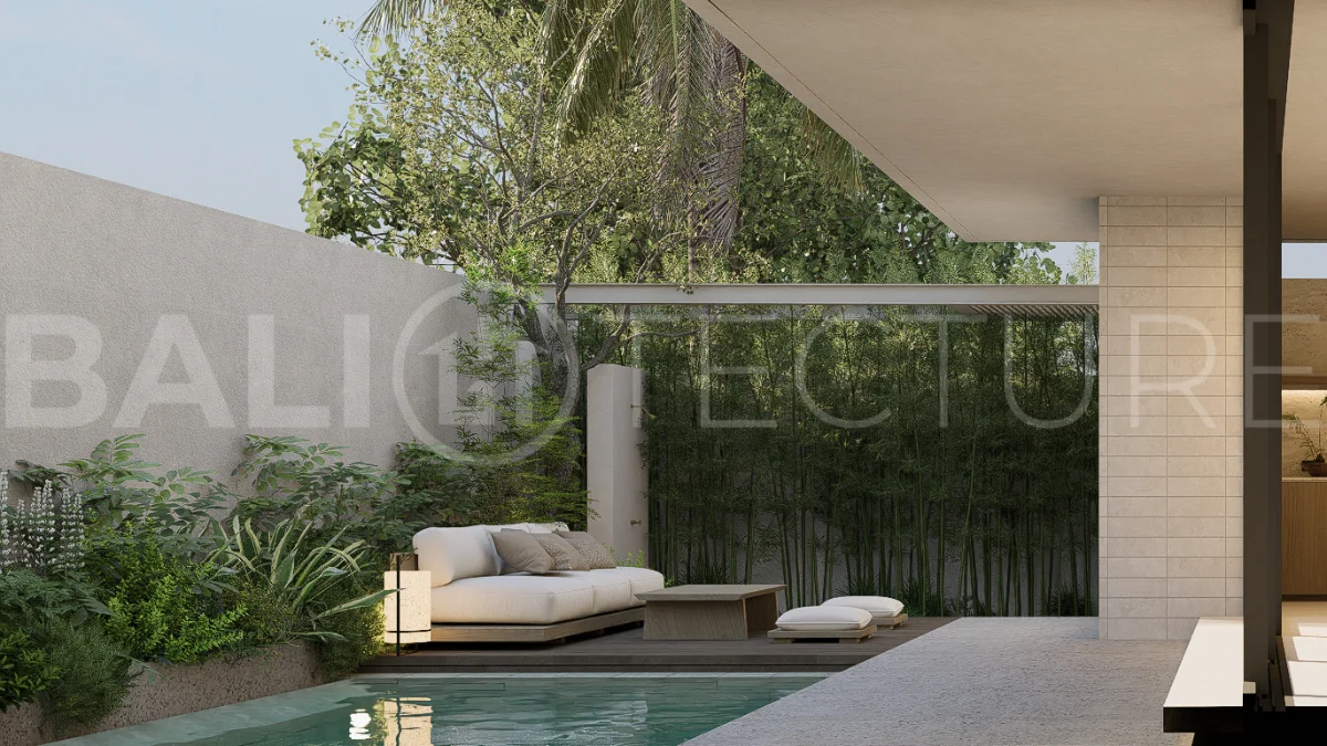 Modern villa development for sale between Ungasan and Pecatu, Uluwatu, featuring contemporary architecture, 166 m² land plots, 112 m² built areas, and a private pool, close to restaurants, beaches, wellness centers, and lifestyle amenities.