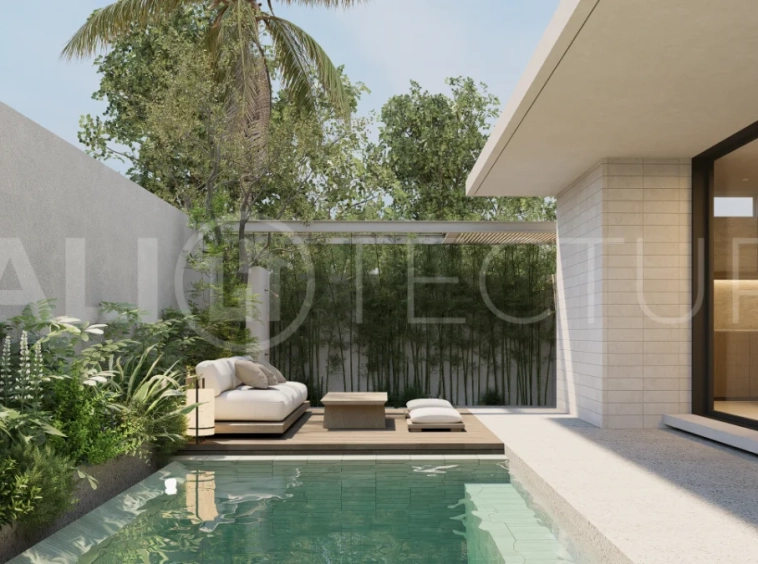 Modern villa development for sale between Ungasan and Pecatu, Uluwatu, featuring contemporary architecture, 166 m² land plots, 112 m² built areas, and a private pool, close to restaurants, beaches, wellness centers, and lifestyle amenities.