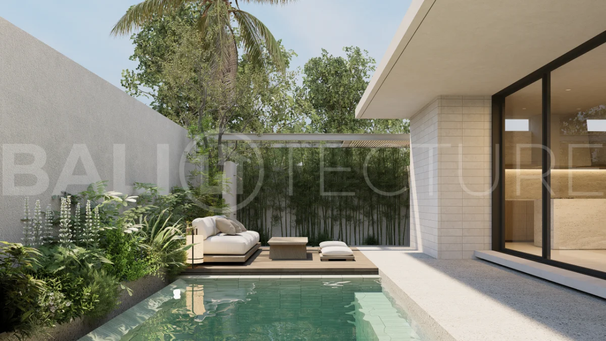 Modern villa development for sale between Ungasan and Pecatu, Uluwatu, featuring contemporary architecture, 166 m² land plots, 112 m² built areas, and a private pool, close to restaurants, beaches, wellness centers, and lifestyle amenities.