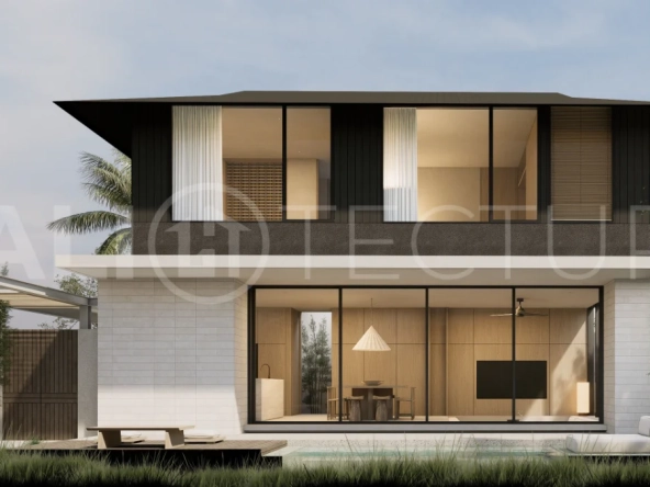 Modern villa development for sale between Ungasan and Pecatu, Uluwatu, featuring contemporary architecture, 166 m² land plots, 112 m² built areas, and a private pool, close to restaurants, beaches, wellness centers, and lifestyle amenities.