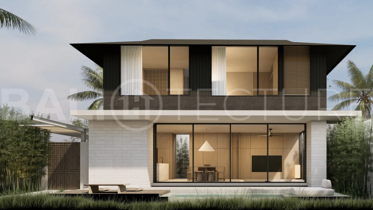 Modern villa development for sale between Ungasan and Pecatu, Uluwatu, featuring contemporary architecture, 166 m² land plots, 112 m² built areas, and a private pool, close to restaurants, beaches, wellness centers, and lifestyle amenities.