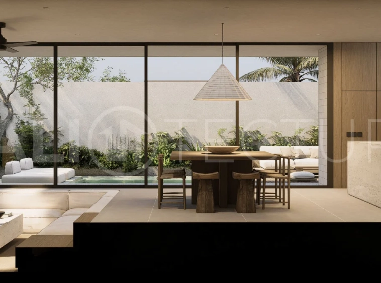 Modern villa development for sale between Ungasan and Pecatu, Uluwatu, featuring contemporary architecture, 166 m² land plots, 112 m² built areas, and a private pool, close to restaurants, beaches, wellness centers, and lifestyle amenities.