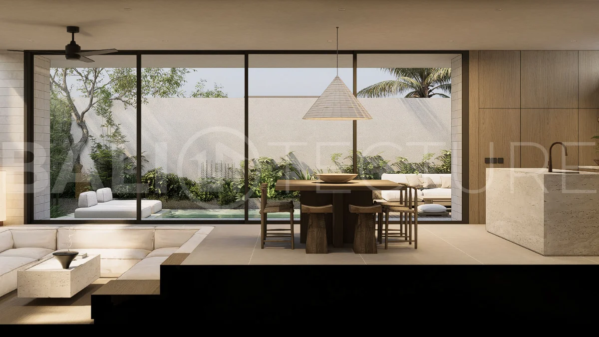 Modern villa development for sale between Ungasan and Pecatu, Uluwatu, featuring contemporary architecture, 166 m² land plots, 112 m² built areas, and a private pool, close to restaurants, beaches, wellness centers, and lifestyle amenities.