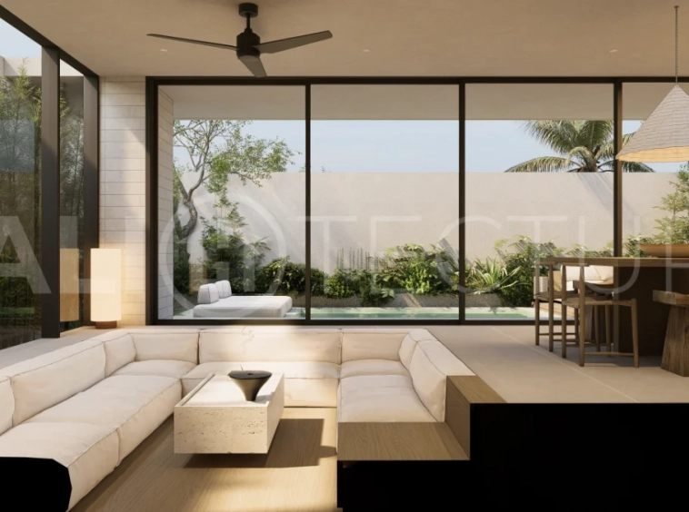 Modern villa development for sale between Ungasan and Pecatu, Uluwatu, featuring contemporary architecture, 166 m² land plots, 112 m² built areas, and a private pool, close to restaurants, beaches, wellness centers, and lifestyle amenities.