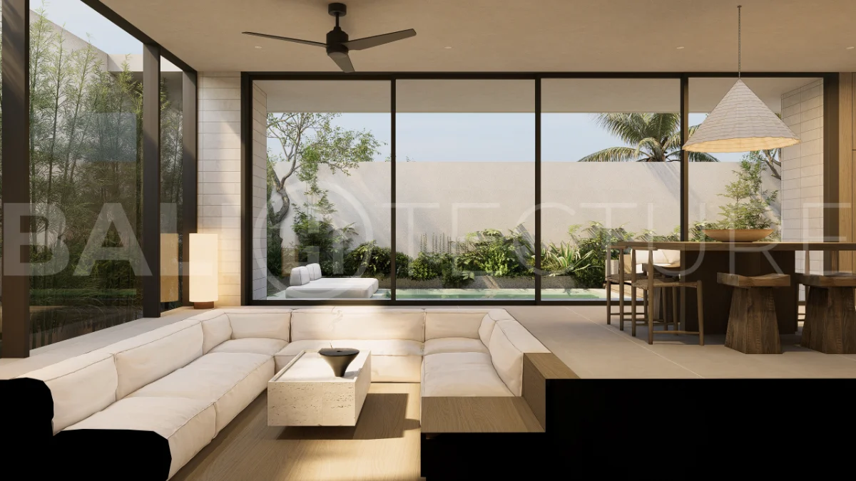 Modern villa development for sale between Ungasan and Pecatu, Uluwatu, featuring contemporary architecture, 166 m² land plots, 112 m² built areas, and a private pool, close to restaurants, beaches, wellness centers, and lifestyle amenities.