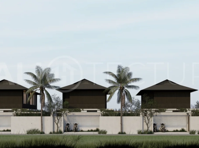 Modern villa development for sale between Ungasan and Pecatu, Uluwatu, featuring contemporary architecture, 166 m² land plots, 112 m² built areas, and a private pool, close to restaurants, beaches, wellness centers, and lifestyle amenities.