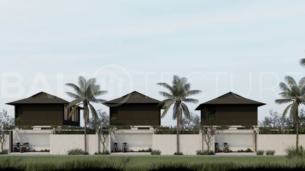 Modern villa development for sale between Ungasan and Pecatu, Uluwatu, featuring contemporary architecture, 166 m² land plots, 112 m² built areas, and a private pool, close to restaurants, beaches, wellness centers, and lifestyle amenities.