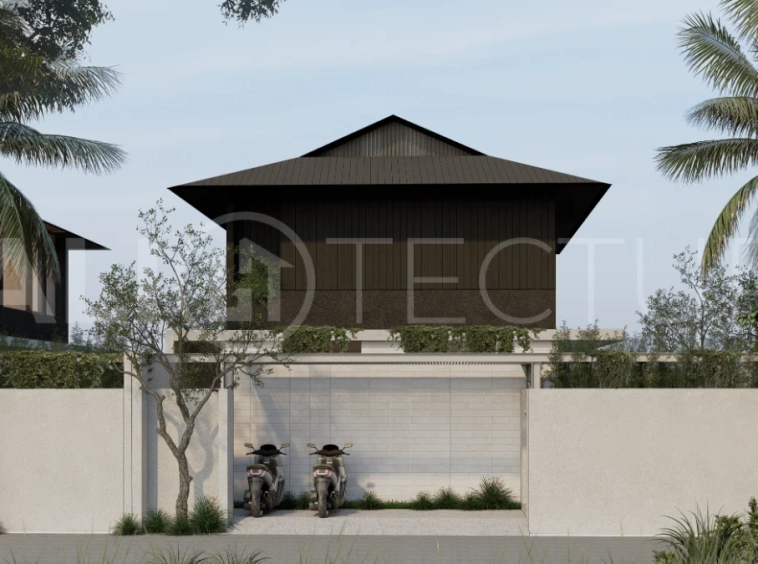 Modern villa development for sale between Ungasan and Pecatu, Uluwatu, featuring contemporary architecture, 166 m² land plots, 112 m² built areas, and a private pool, close to restaurants, beaches, wellness centers, and lifestyle amenities.
