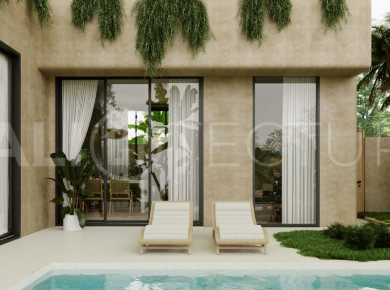 Off plan three bedroom modern tropical villa in Cepaka, Tabanan, featuring two level living, en suite master bedroom, private pool garden, pergola lounge, and lush rice terrace surroundings.