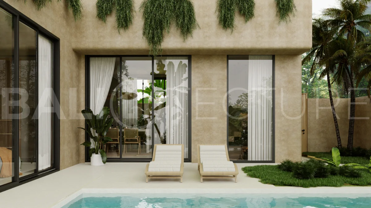 Off plan three bedroom modern tropical villa in Cepaka, Tabanan, featuring two level living, en suite master bedroom, private pool garden, pergola lounge, and lush rice terrace surroundings.