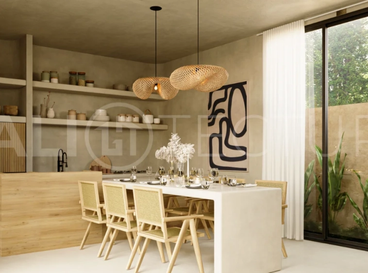 Off plan three bedroom modern tropical villa in Cepaka, Tabanan, featuring two level living, en suite master bedroom, private pool garden, pergola lounge, and lush rice terrace surroundings.