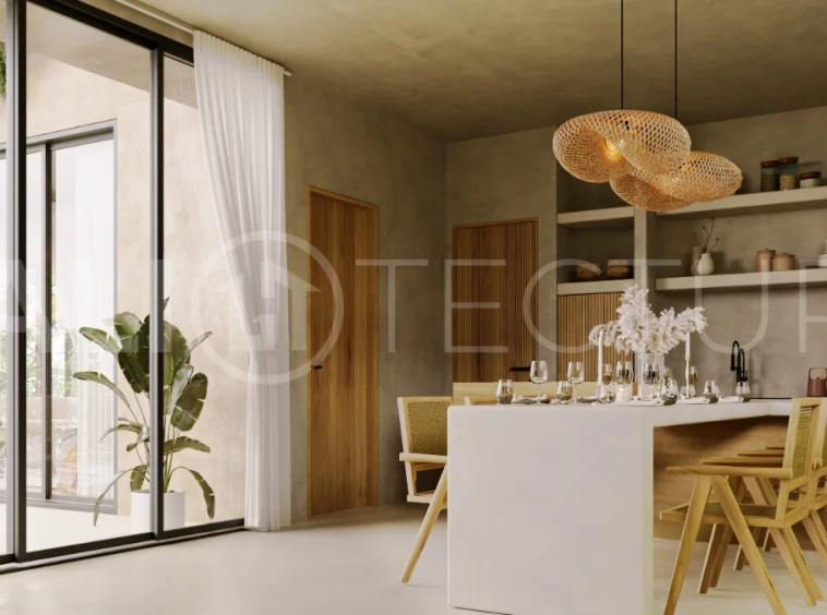 Off plan three bedroom modern tropical villa in Cepaka, Tabanan, featuring two level living, en suite master bedroom, private pool garden, pergola lounge, and lush rice terrace surroundings.