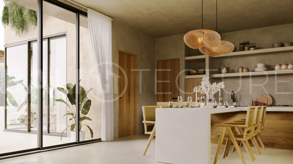 Off plan three bedroom modern tropical villa in Cepaka, Tabanan, featuring two level living, en suite master bedroom, private pool garden, pergola lounge, and lush rice terrace surroundings.
