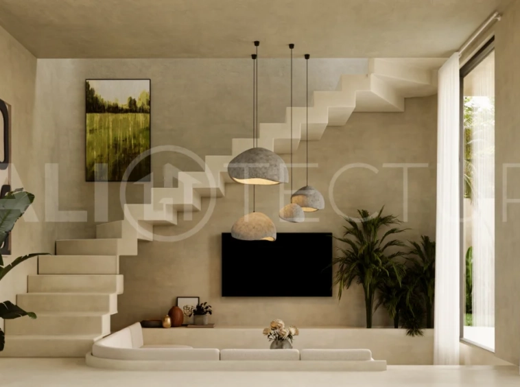 Off plan three bedroom modern tropical villa in Cepaka, Tabanan, featuring two level living, en suite master bedroom, private pool garden, pergola lounge, and lush rice terrace surroundings.