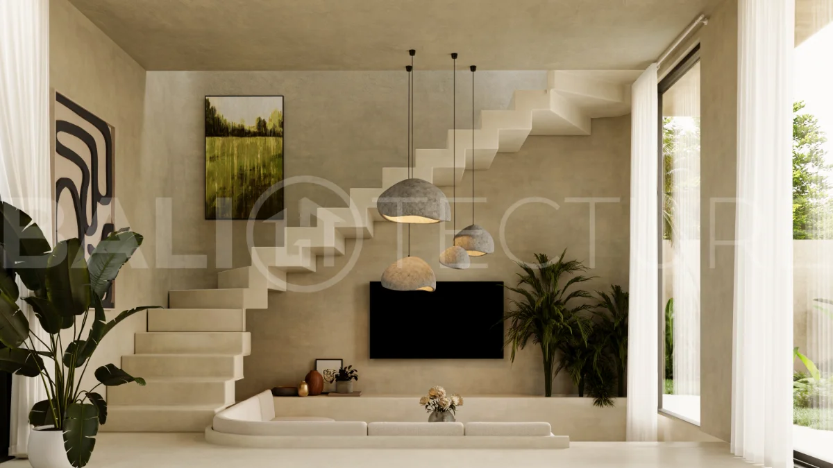 Off plan three bedroom modern tropical villa in Cepaka, Tabanan, featuring two level living, en suite master bedroom, private pool garden, pergola lounge, and lush rice terrace surroundings.