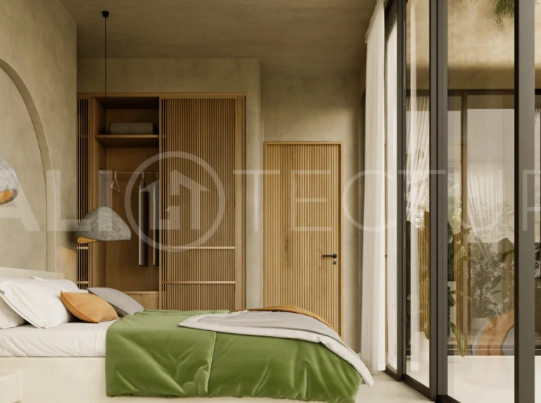 Off plan three bedroom modern tropical villa in Cepaka, Tabanan, featuring two level living, en suite master bedroom, private pool garden, pergola lounge, and lush rice terrace surroundings.