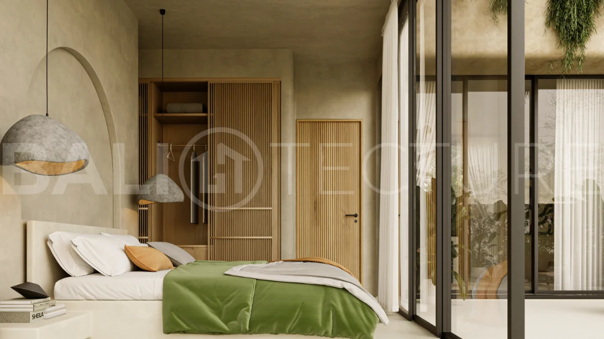 Off plan three bedroom modern tropical villa in Cepaka, Tabanan, featuring two level living, en suite master bedroom, private pool garden, pergola lounge, and lush rice terrace surroundings.