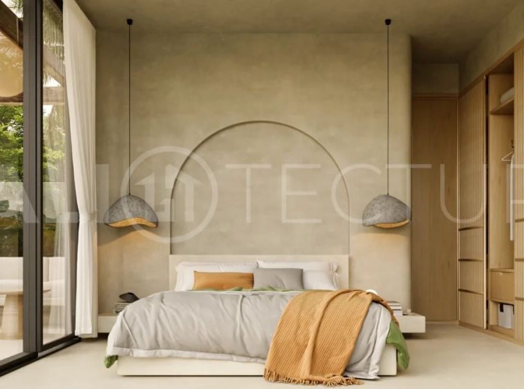 Off plan three bedroom modern tropical villa in Cepaka, Tabanan, featuring two level living, en suite master bedroom, private pool garden, pergola lounge, and lush rice terrace surroundings.