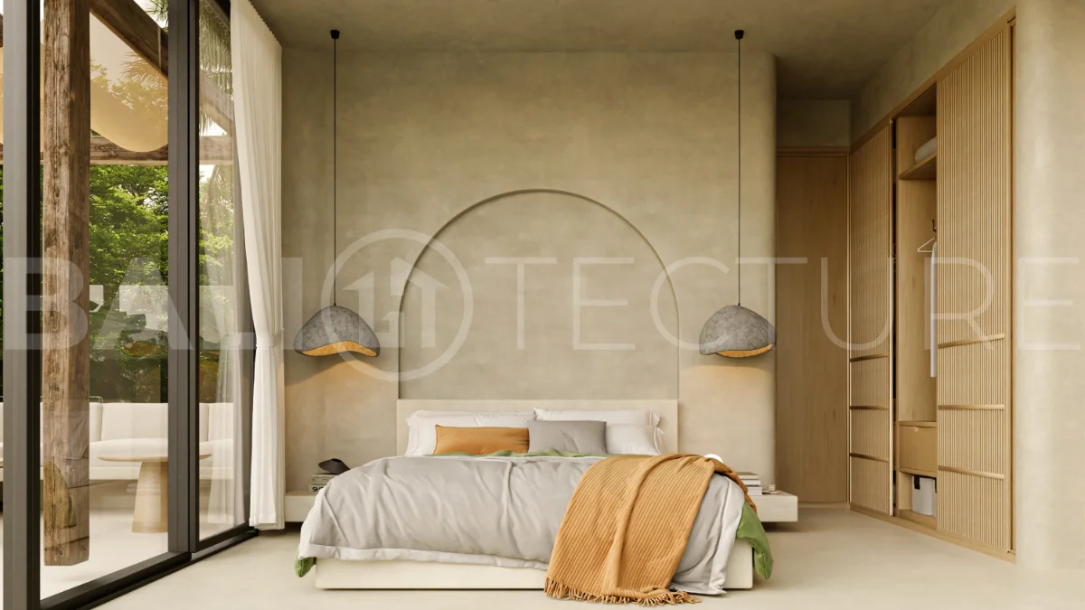 Off plan three bedroom modern tropical villa in Cepaka, Tabanan, featuring two level living, en suite master bedroom, private pool garden, pergola lounge, and lush rice terrace surroundings.