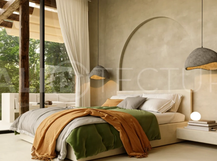 Off plan three bedroom modern tropical villa in Cepaka, Tabanan, featuring two level living, en suite master bedroom, private pool garden, pergola lounge, and lush rice terrace surroundings.