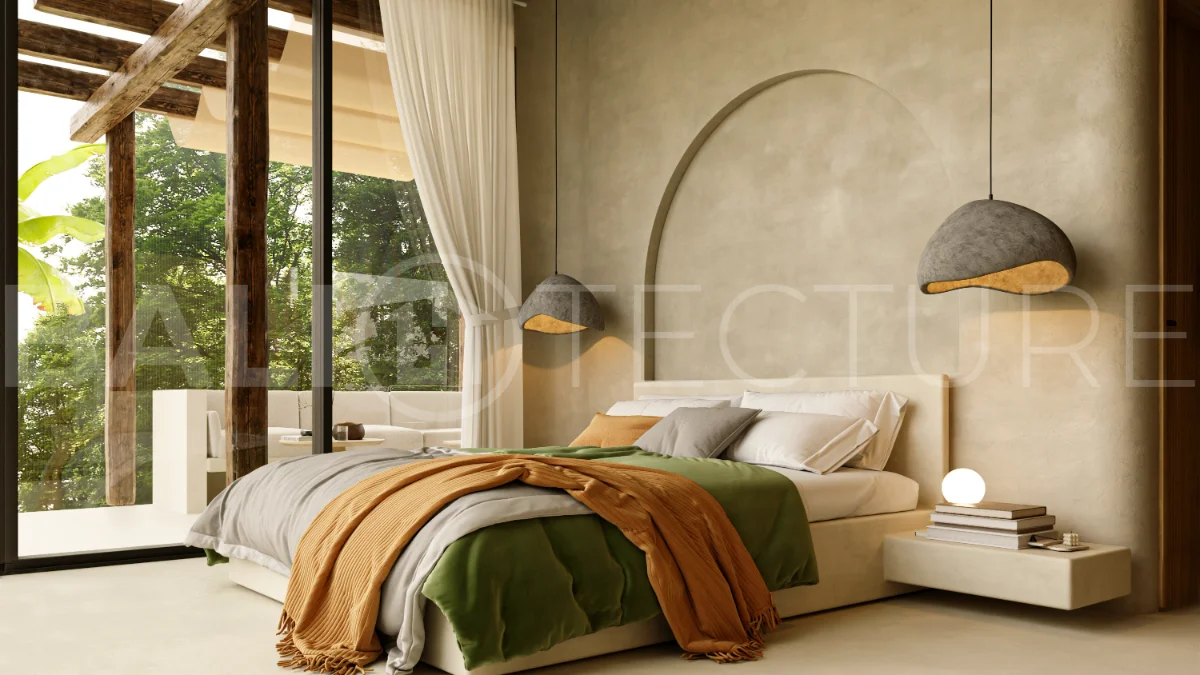 Off plan three bedroom modern tropical villa in Cepaka, Tabanan, featuring two level living, en suite master bedroom, private pool garden, pergola lounge, and lush rice terrace surroundings.