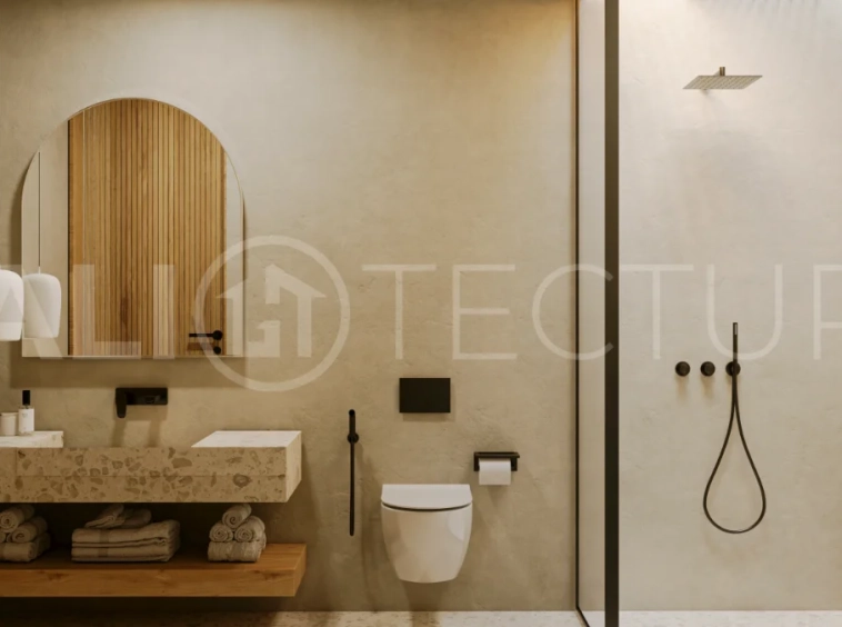 Off plan three bedroom modern tropical villa in Cepaka, Tabanan, featuring two level living, en suite master bedroom, private pool garden, pergola lounge, and lush rice terrace surroundings.