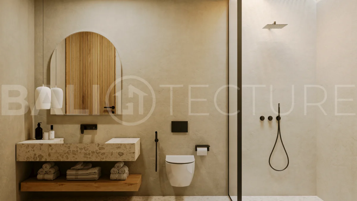 Off plan three bedroom modern tropical villa in Cepaka, Tabanan, featuring two level living, en suite master bedroom, private pool garden, pergola lounge, and lush rice terrace surroundings.
