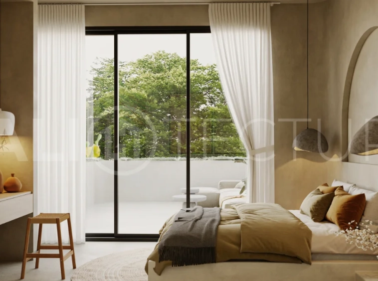 Off plan three bedroom modern tropical villa in Cepaka, Tabanan, featuring two level living, en suite master bedroom, private pool garden, pergola lounge, and lush rice terrace surroundings.