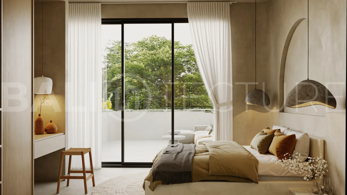 Off plan three bedroom modern tropical villa in Cepaka, Tabanan, featuring two level living, en suite master bedroom, private pool garden, pergola lounge, and lush rice terrace surroundings.
