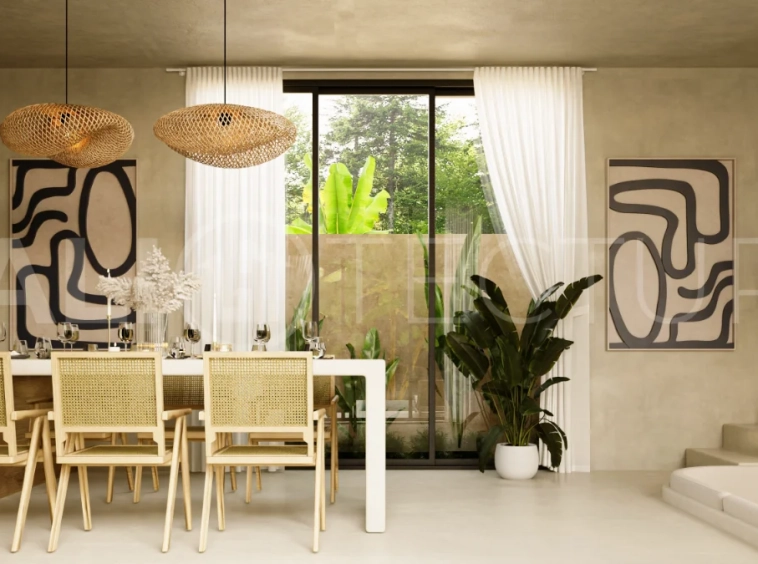 Off plan three bedroom modern tropical villa in Cepaka, Tabanan, featuring two level living, en suite master bedroom, private pool garden, pergola lounge, and lush rice terrace surroundings.