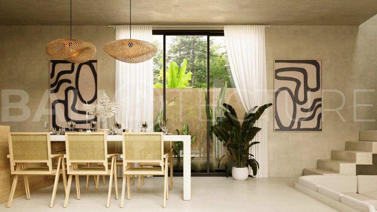 Off plan three bedroom modern tropical villa in Cepaka, Tabanan, featuring two level living, en suite master bedroom, private pool garden, pergola lounge, and lush rice terrace surroundings.