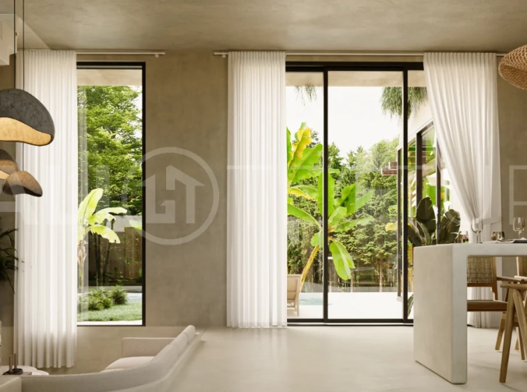 Off plan three bedroom modern tropical villa in Cepaka, Tabanan, featuring two level living, en suite master bedroom, private pool garden, pergola lounge, and lush rice terrace surroundings.