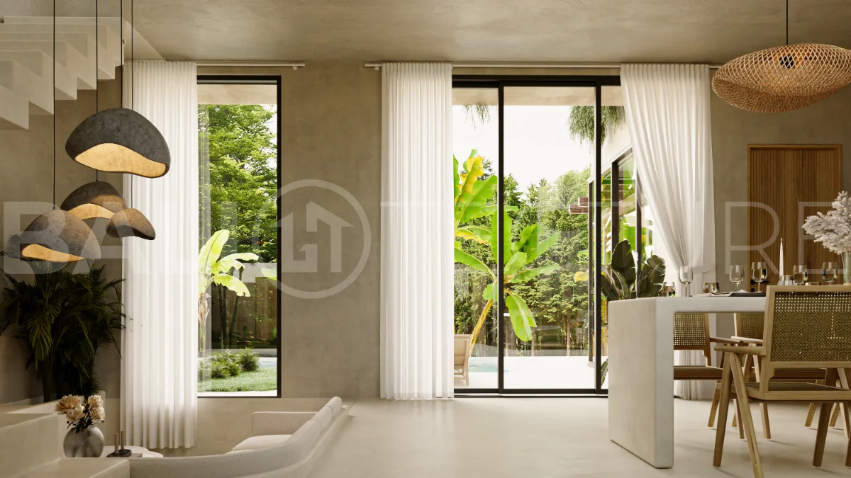 Off plan three bedroom modern tropical villa in Cepaka, Tabanan, featuring two level living, en suite master bedroom, private pool garden, pergola lounge, and lush rice terrace surroundings.