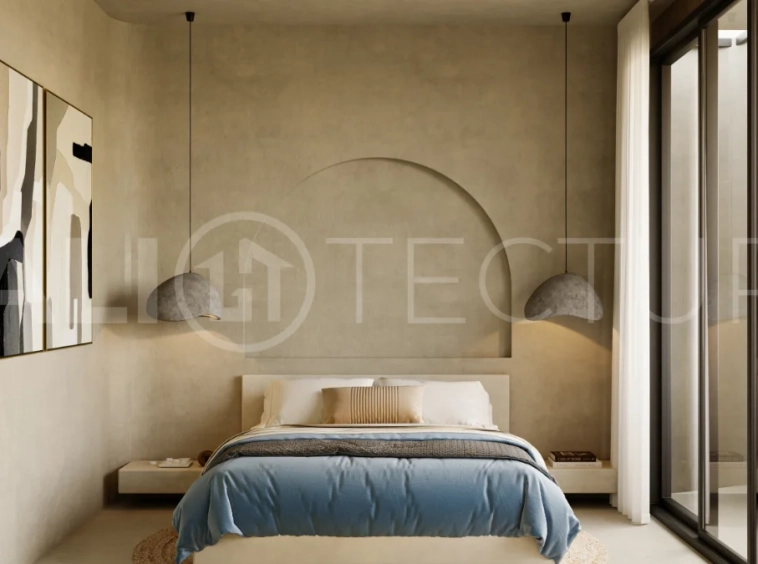Off plan three bedroom modern tropical villa in Cepaka, Tabanan, featuring two level living, en suite master bedroom, private pool garden, pergola lounge, and lush rice terrace surroundings.