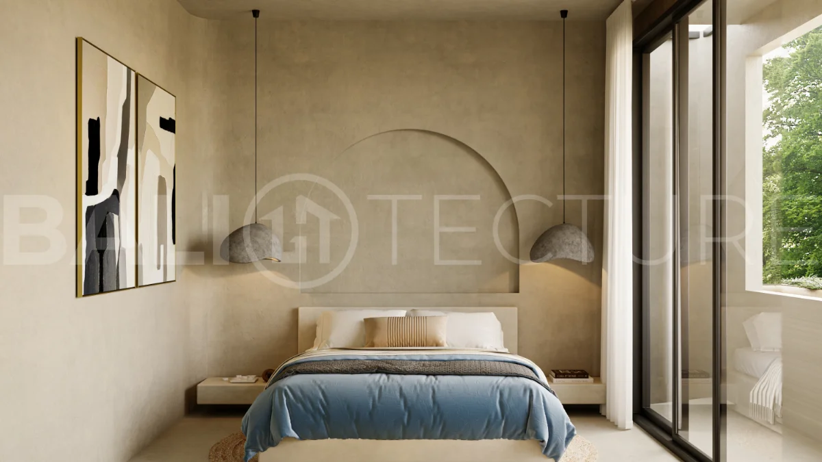 Off plan three bedroom modern tropical villa in Cepaka, Tabanan, featuring two level living, en suite master bedroom, private pool garden, pergola lounge, and lush rice terrace surroundings.