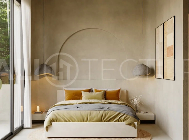 Off plan three bedroom modern tropical villa in Cepaka, Tabanan, featuring two level living, en suite master bedroom, private pool garden, pergola lounge, and lush rice terrace surroundings.