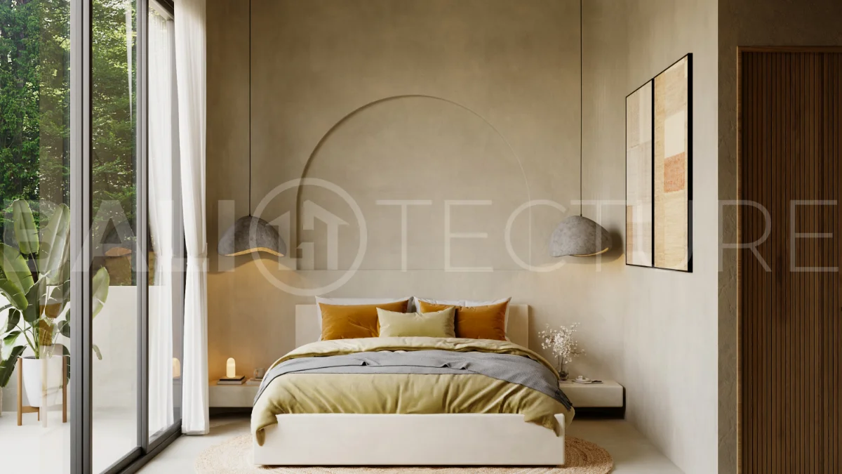 Off plan three bedroom modern tropical villa in Cepaka, Tabanan, featuring two level living, en suite master bedroom, private pool garden, pergola lounge, and lush rice terrace surroundings.