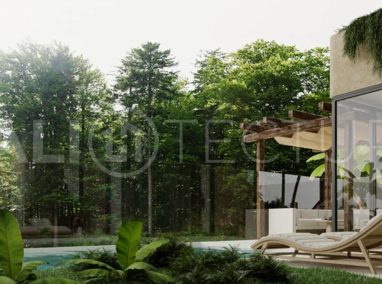 Off plan three bedroom modern tropical villa in Cepaka, Tabanan, featuring two level living, en suite master bedroom, private pool garden, pergola lounge, and lush rice terrace surroundings.